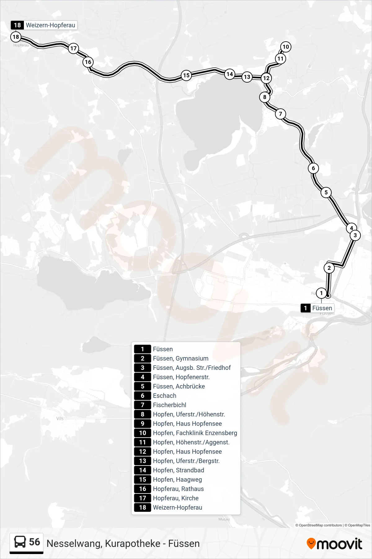 56 bus Line (619 Verstärker) route and stops on a map