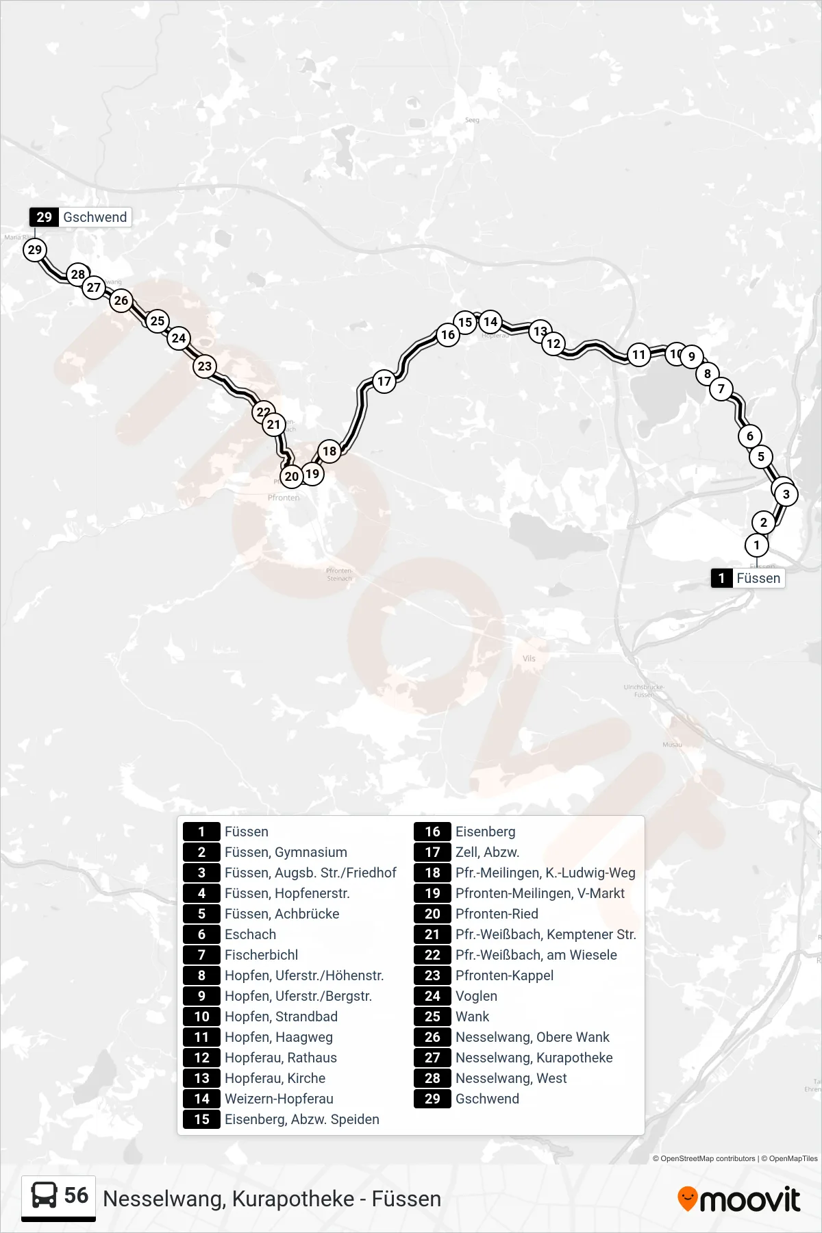 56 bus Line (Nesselwang) route and stops on a map