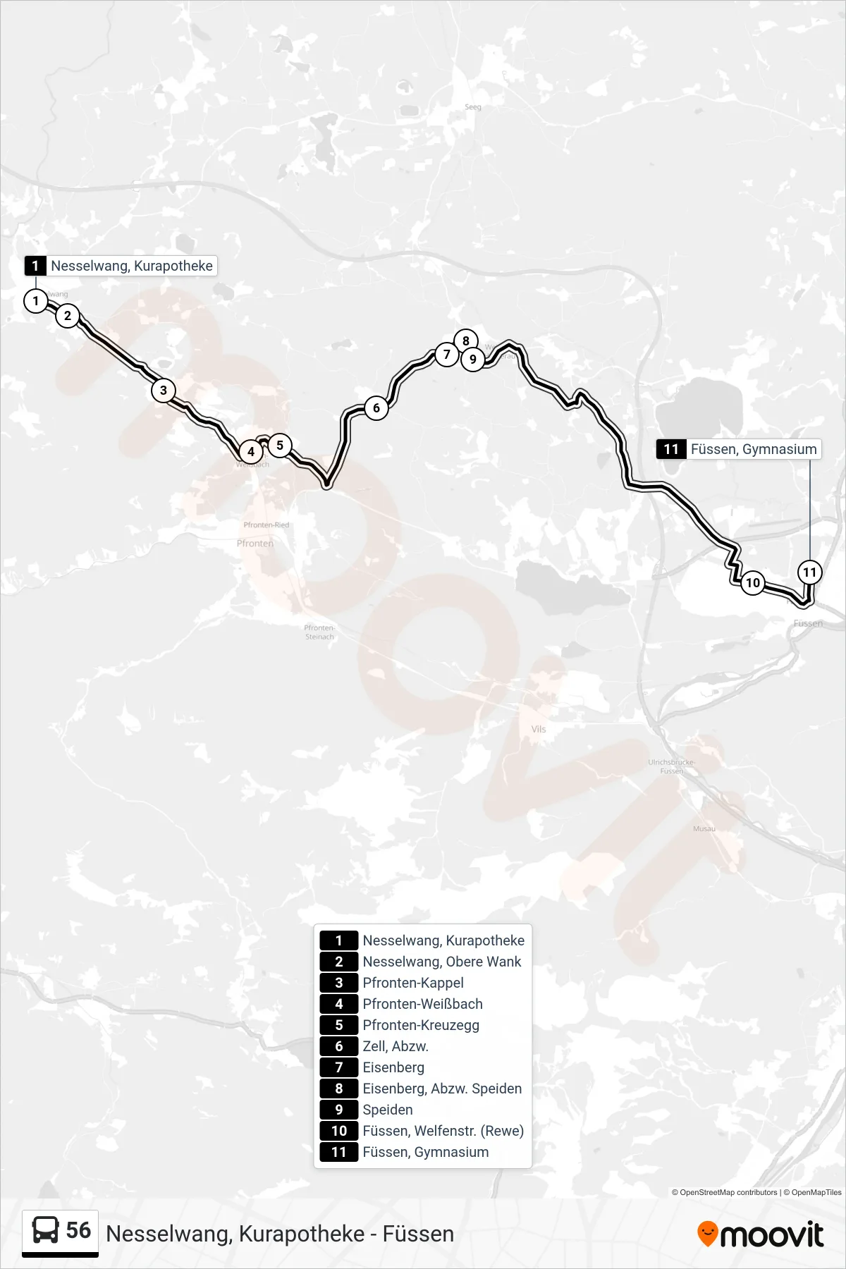 56 bus Line (Füssen; Gymnasium) route and stops on a map