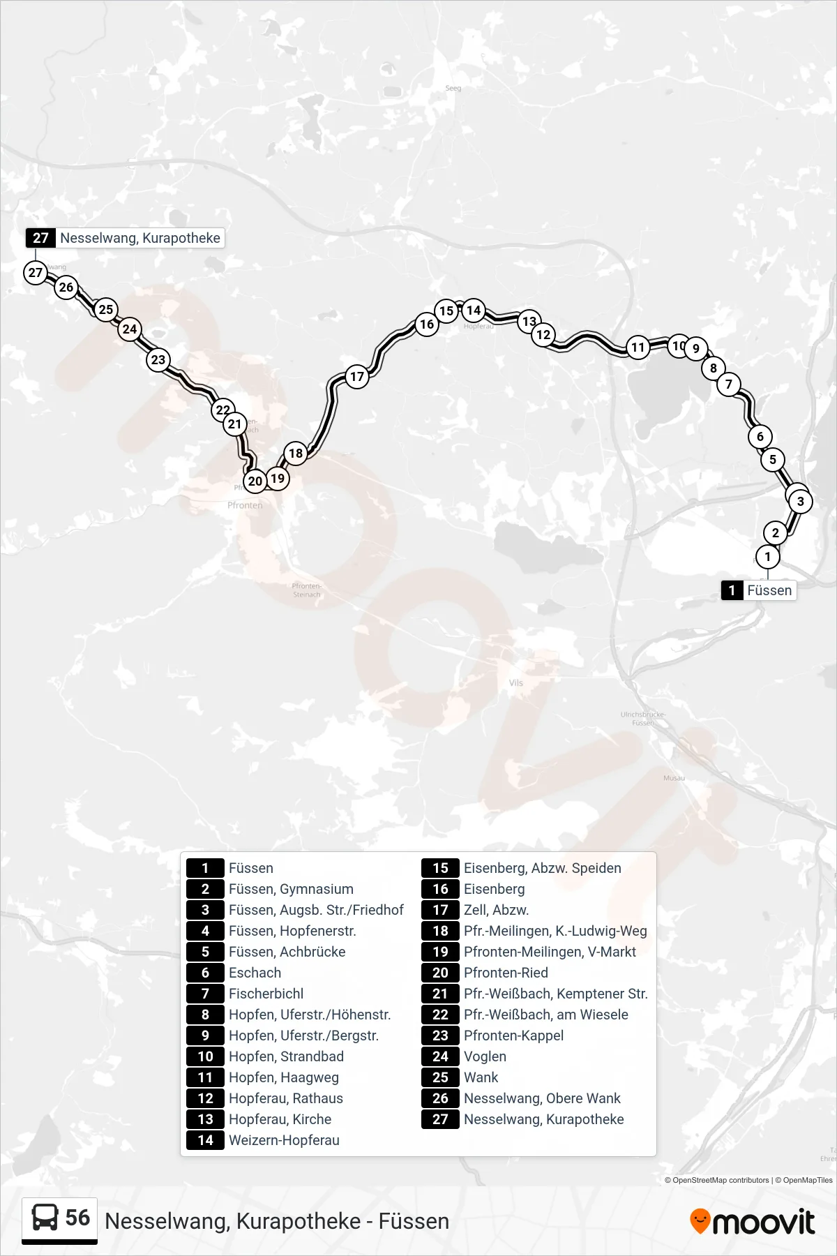 56 bus Line (Kempten) route and stops on a map