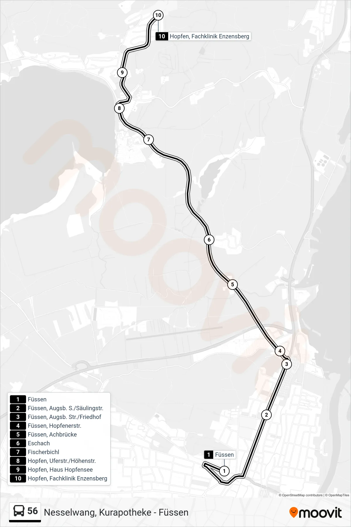 56 bus Line (Enzensberg) route and stops on a map