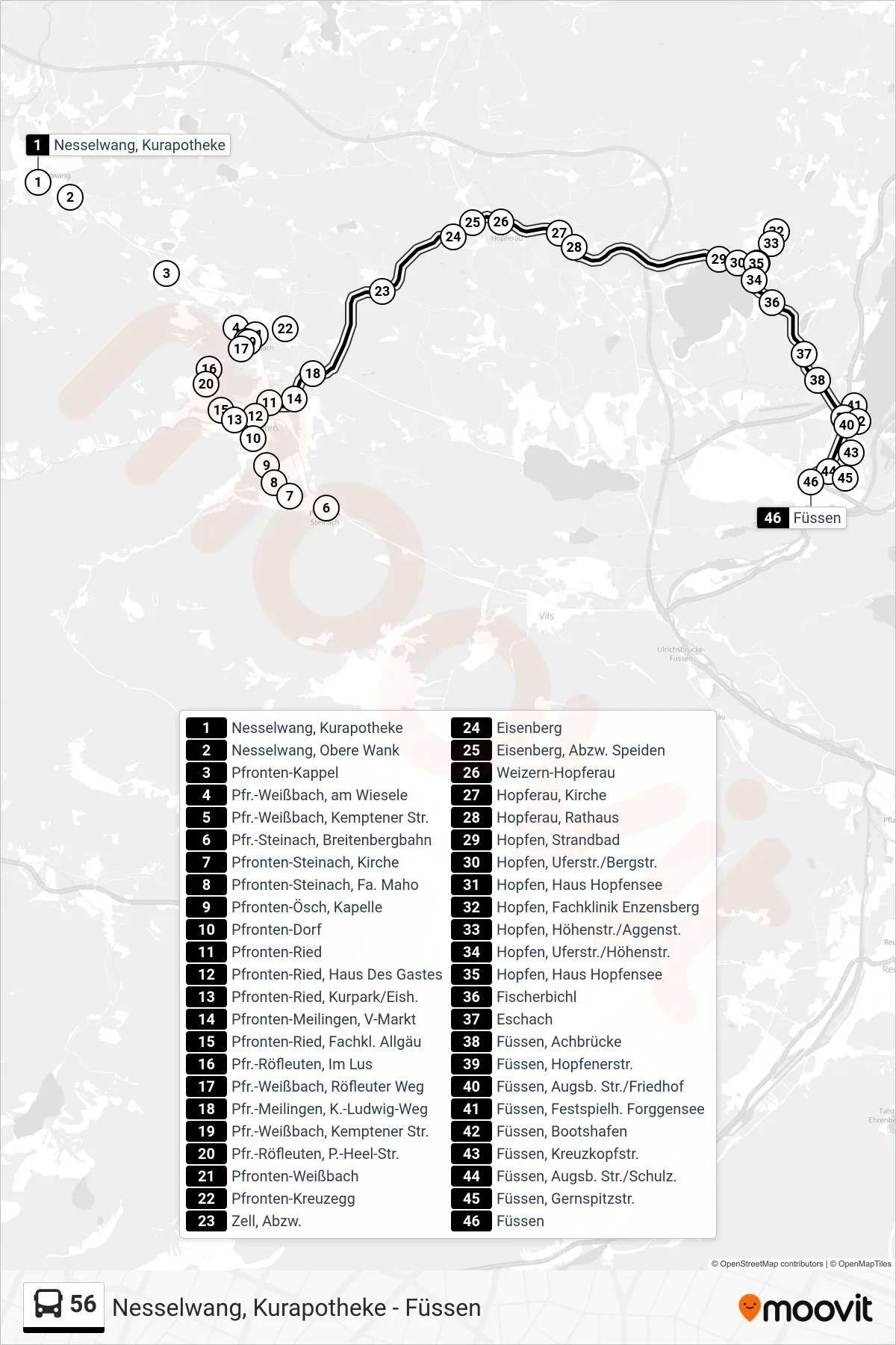 56 bus Line (Füssen) route and stops on a map