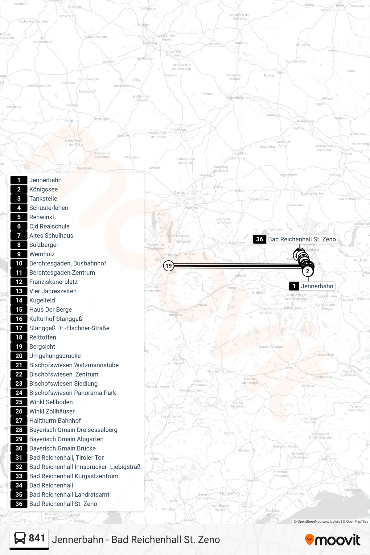 841 bus Line (Bad Reichenhall; Hauptbahnhof) route and stops on a map
