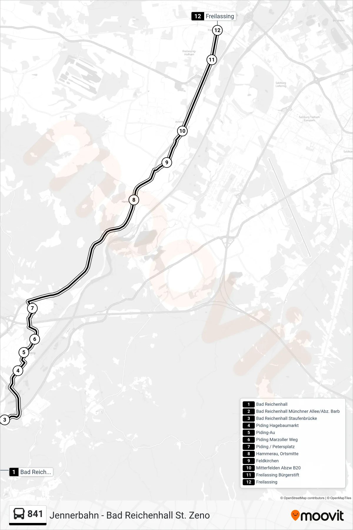 841 bus Line (Freilassing; Bahnhof) route and stops on a map