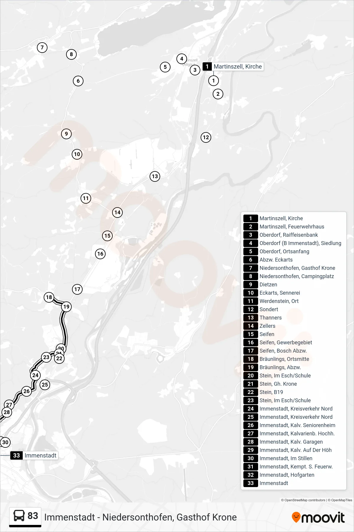 83 bus Line (Immenstadt) route and stops on a map