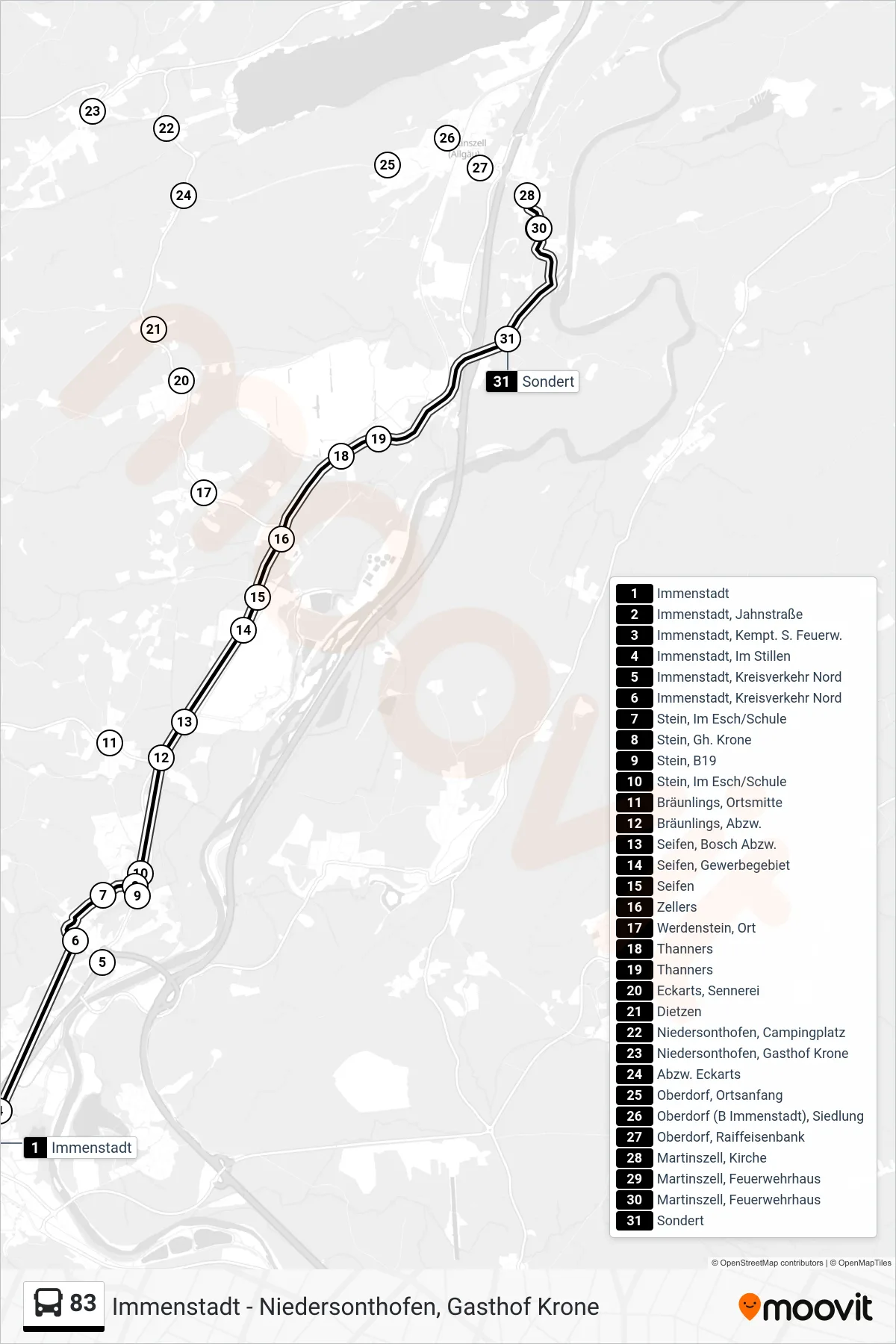 Linie 83 (Bus) Richtung Sondert: Route und Haltestellen auf der Karte