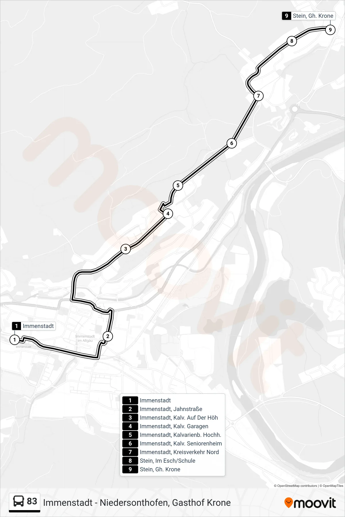 83 bus Line (Stein; Gasthaus Krone) route and stops on a map