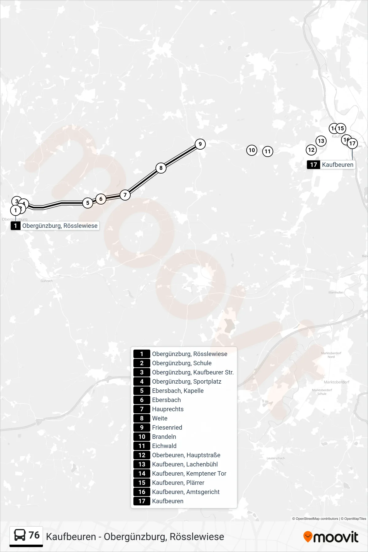 76 bus Line (Kaufbeuren) route and stops on a map