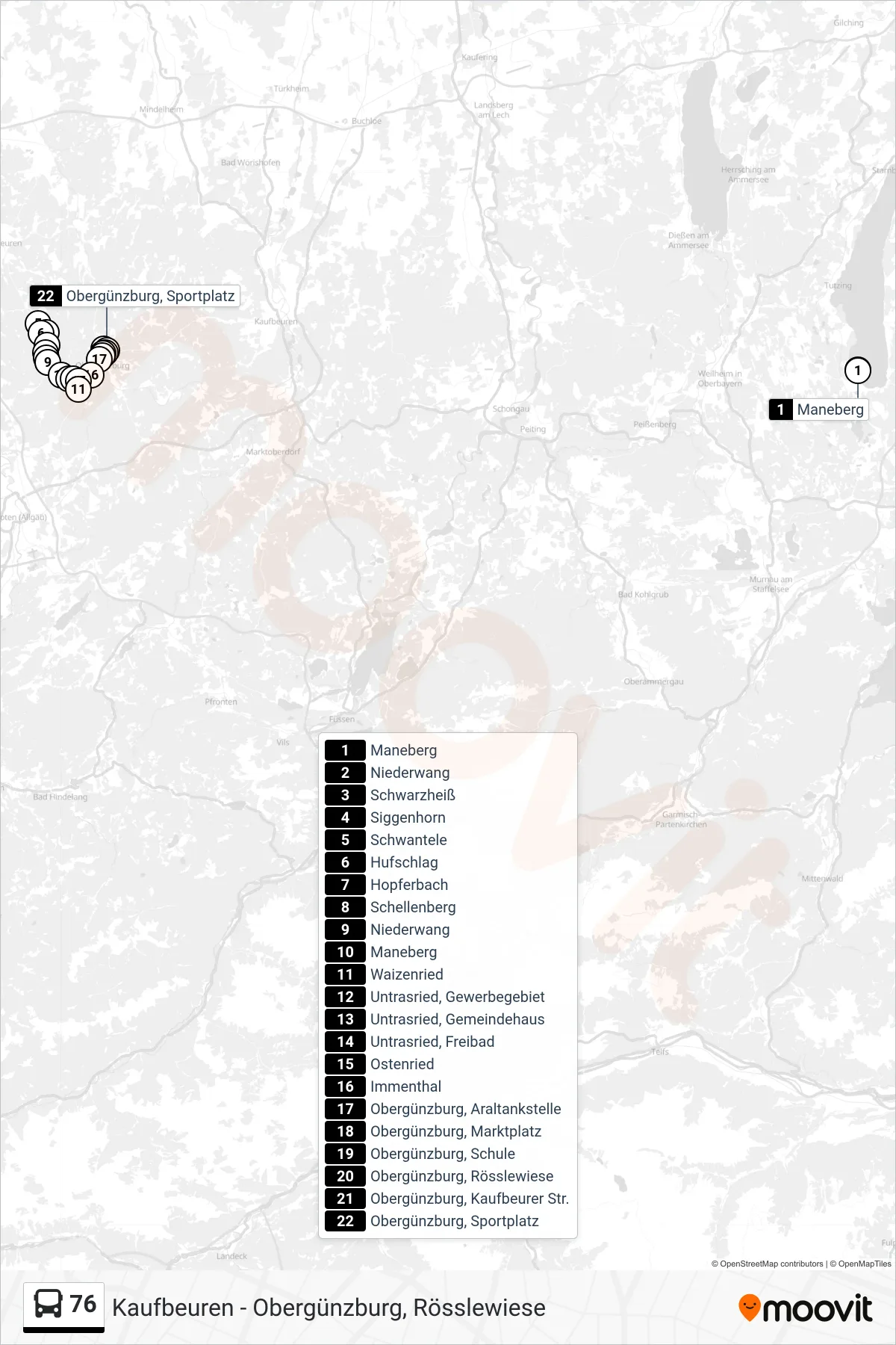 76 bus Line (Obergünzburg) route and stops on a map