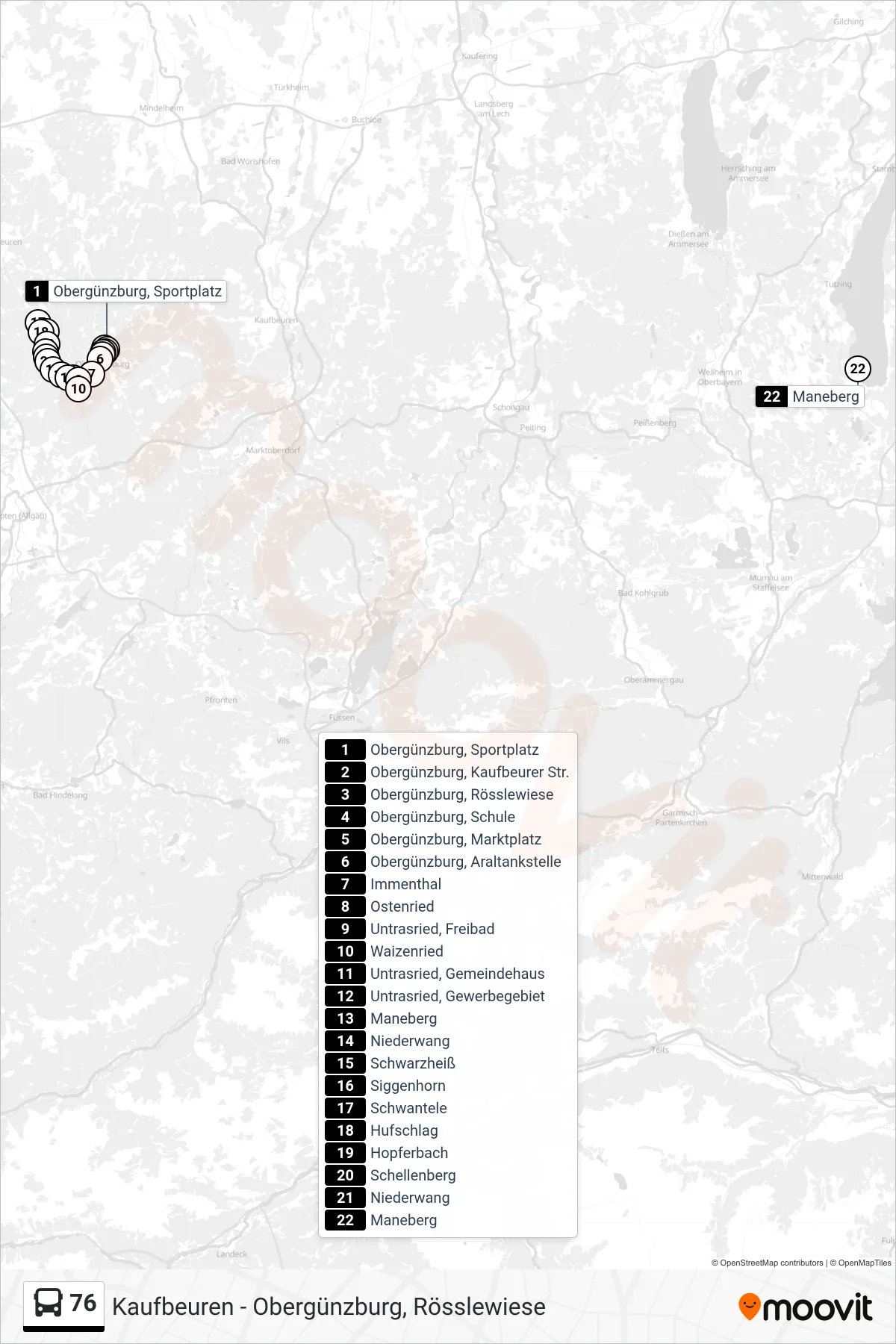 76 bus Line (Kempten) route and stops on a map