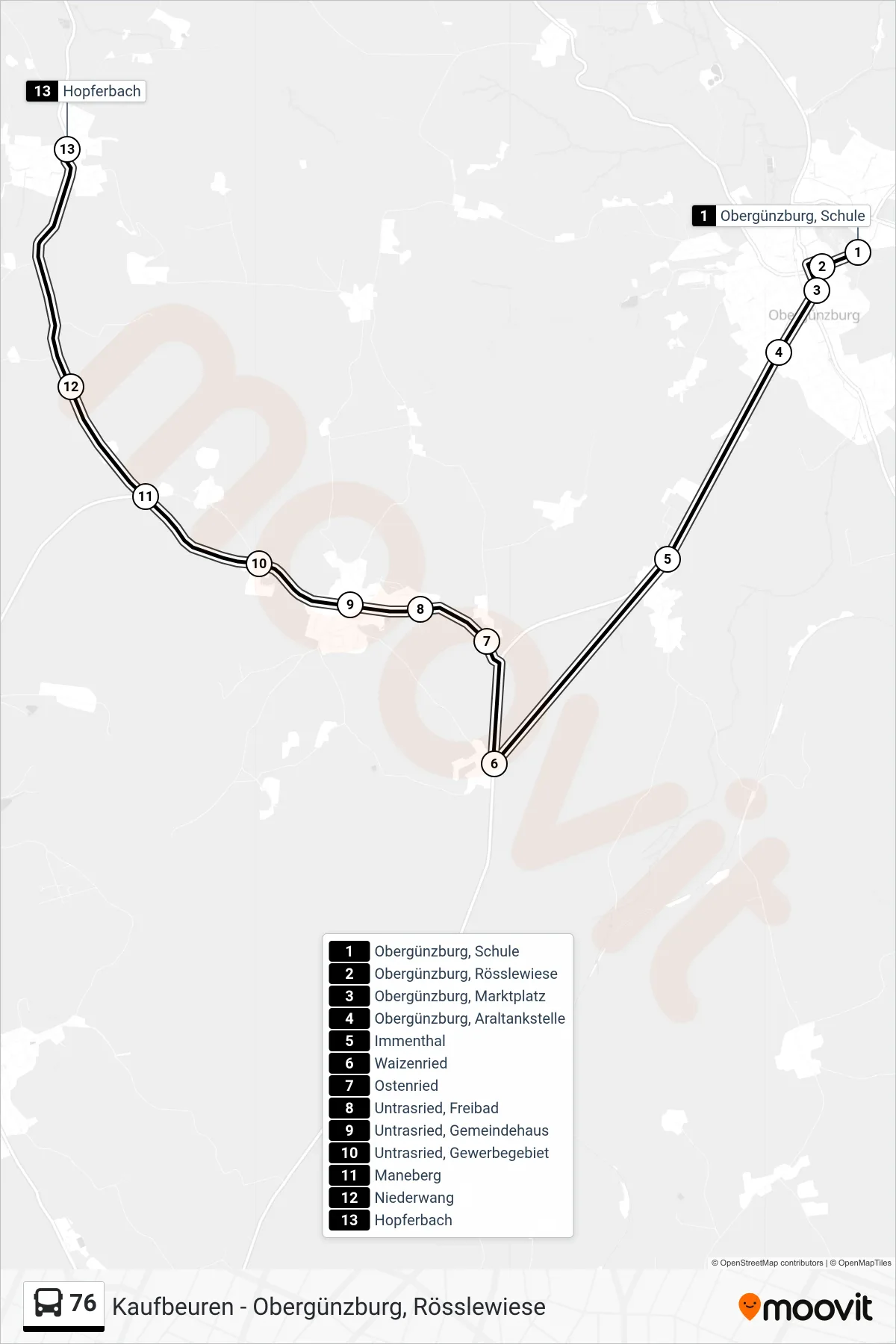 76 bus Line (Hopferbach) route and stops on a map