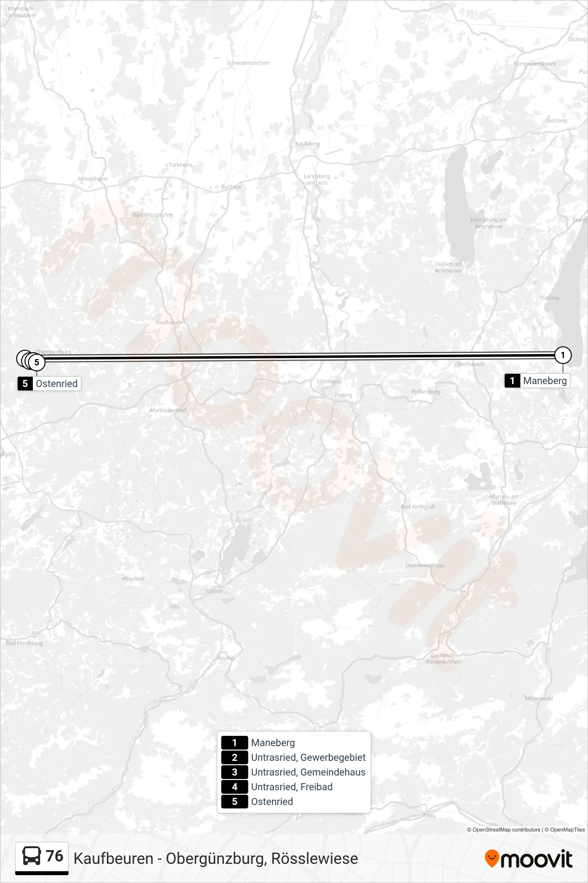 76 bus Line (Ostenried) route and stops on a map