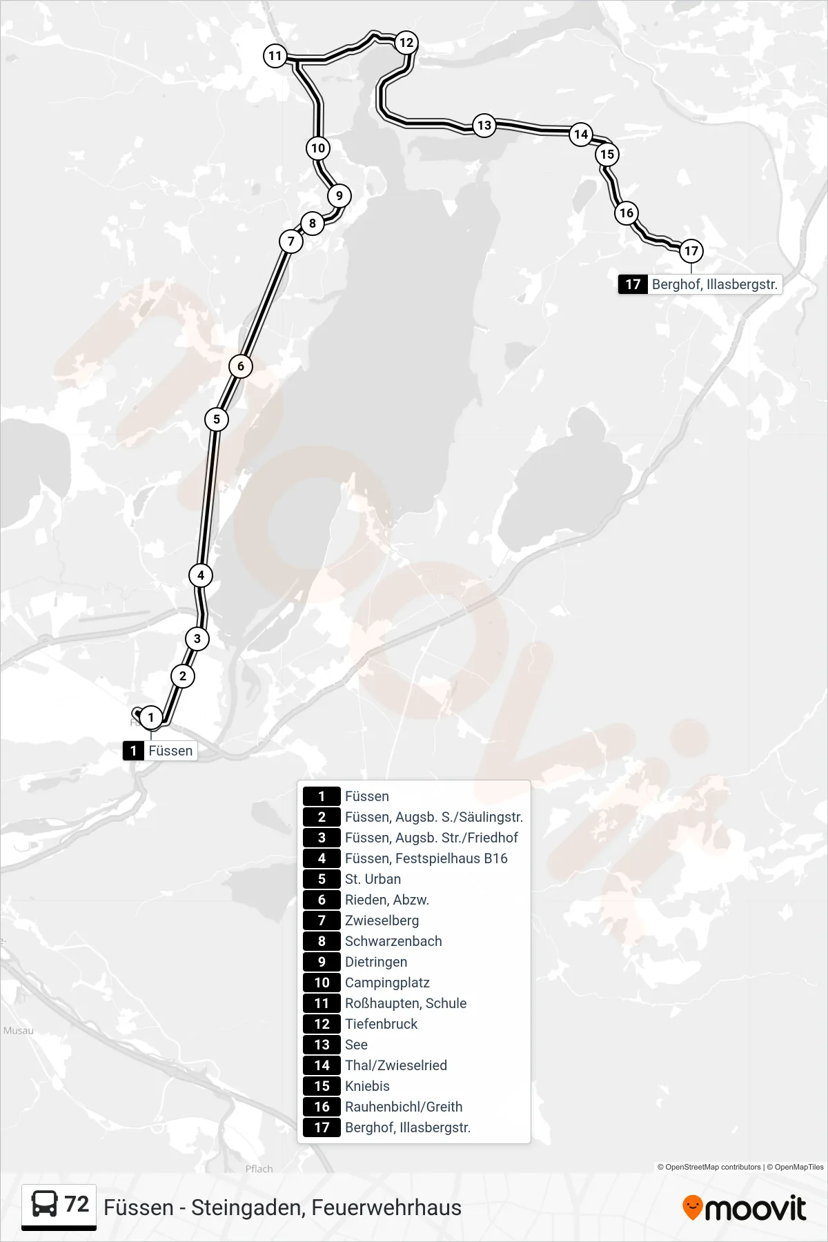 72 bus Line (Berghof) route and stops on a map