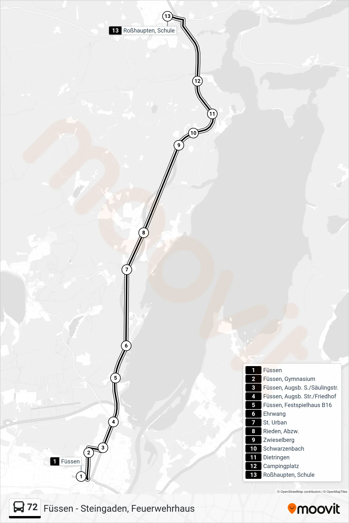 72 bus Line (Roßhaupten, Schule) route and stops on a map