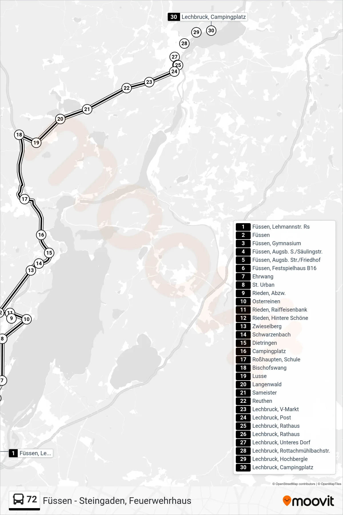 72 bus Line (Lechbruck) route and stops on a map