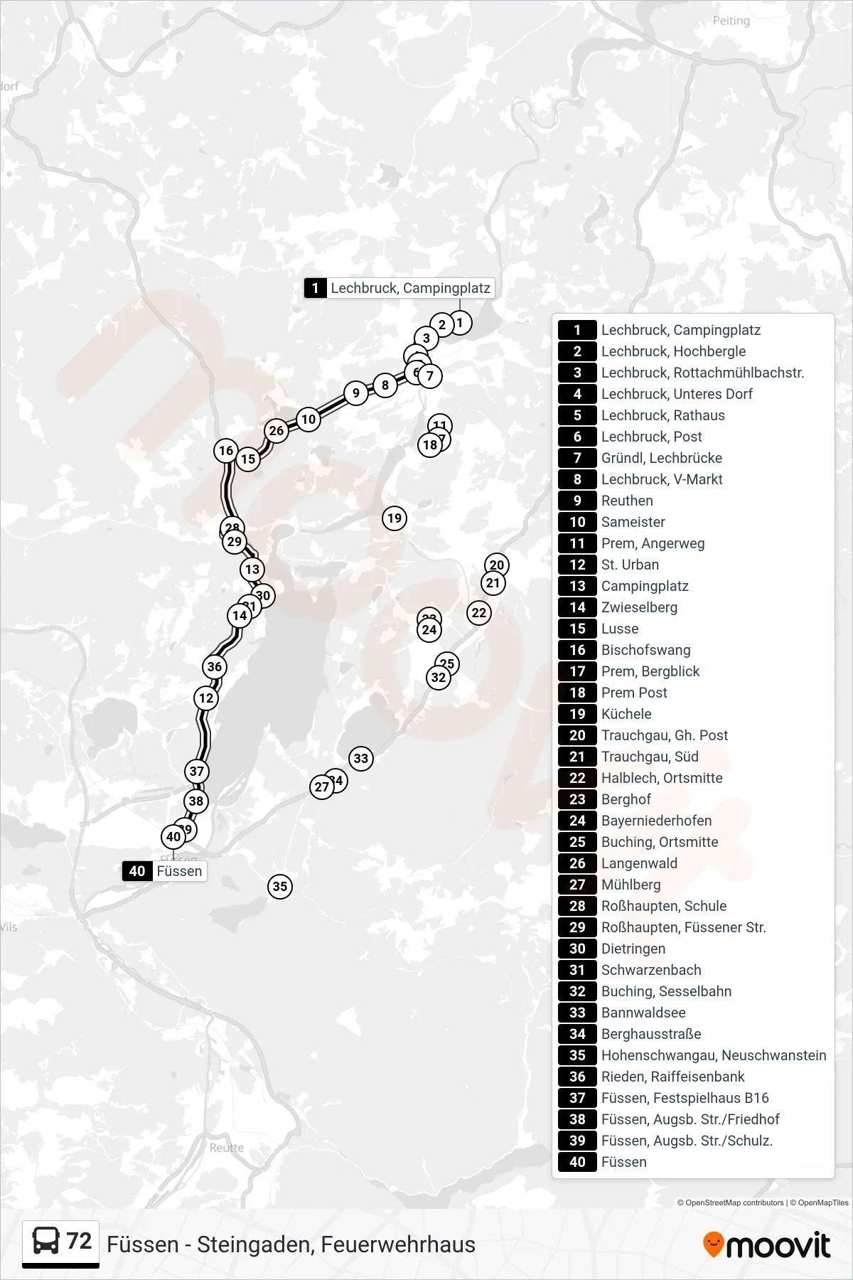 72 bus Line (Hohenschwangau) route and stops on a map