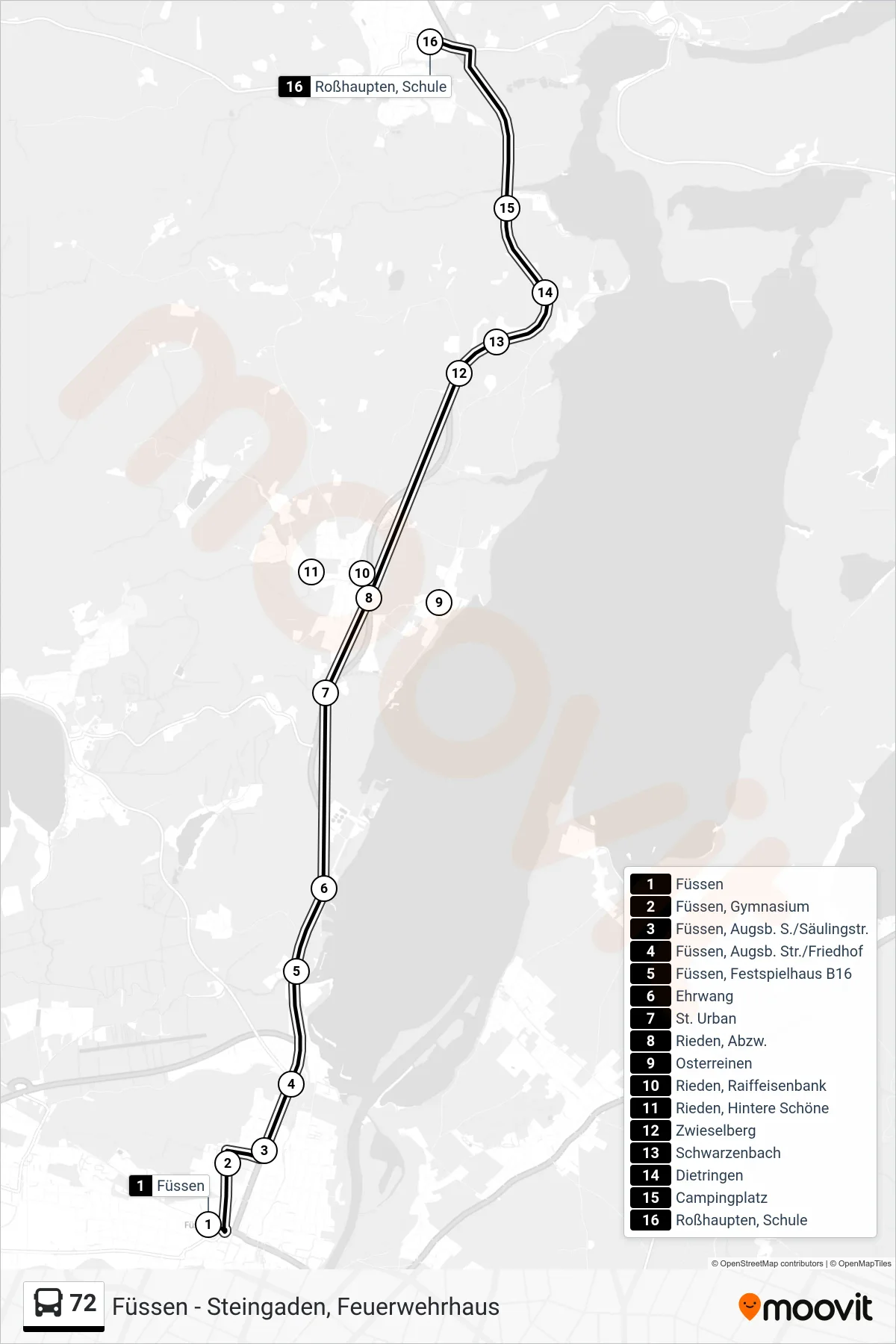 72 bus Line (Roßhaupten) route and stops on a map