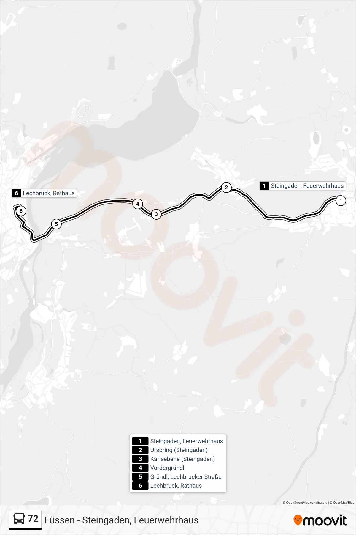 72 bus Line (Lechbruck) route and stops on a map