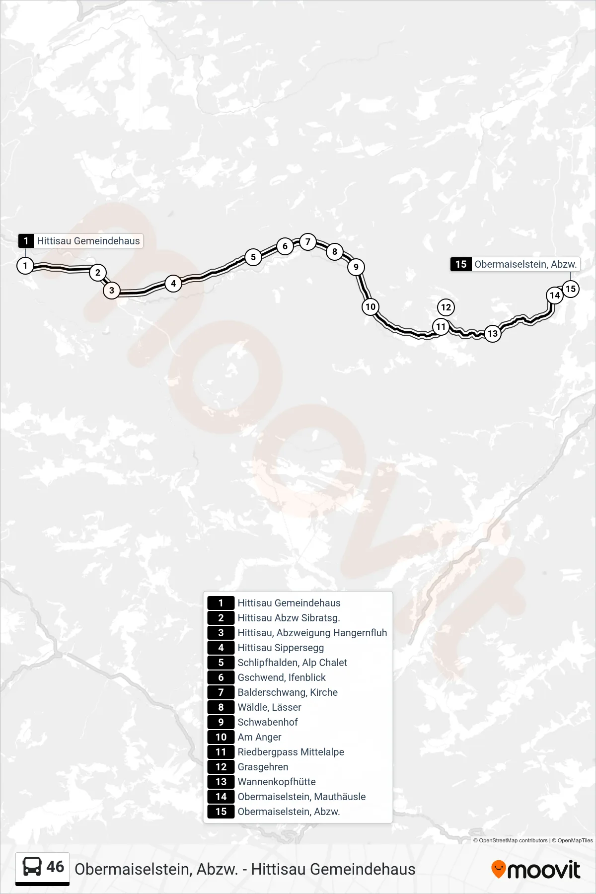 Linie 46 (Bus) Richtung Oberstdorf: Route und Haltestellen auf der Karte