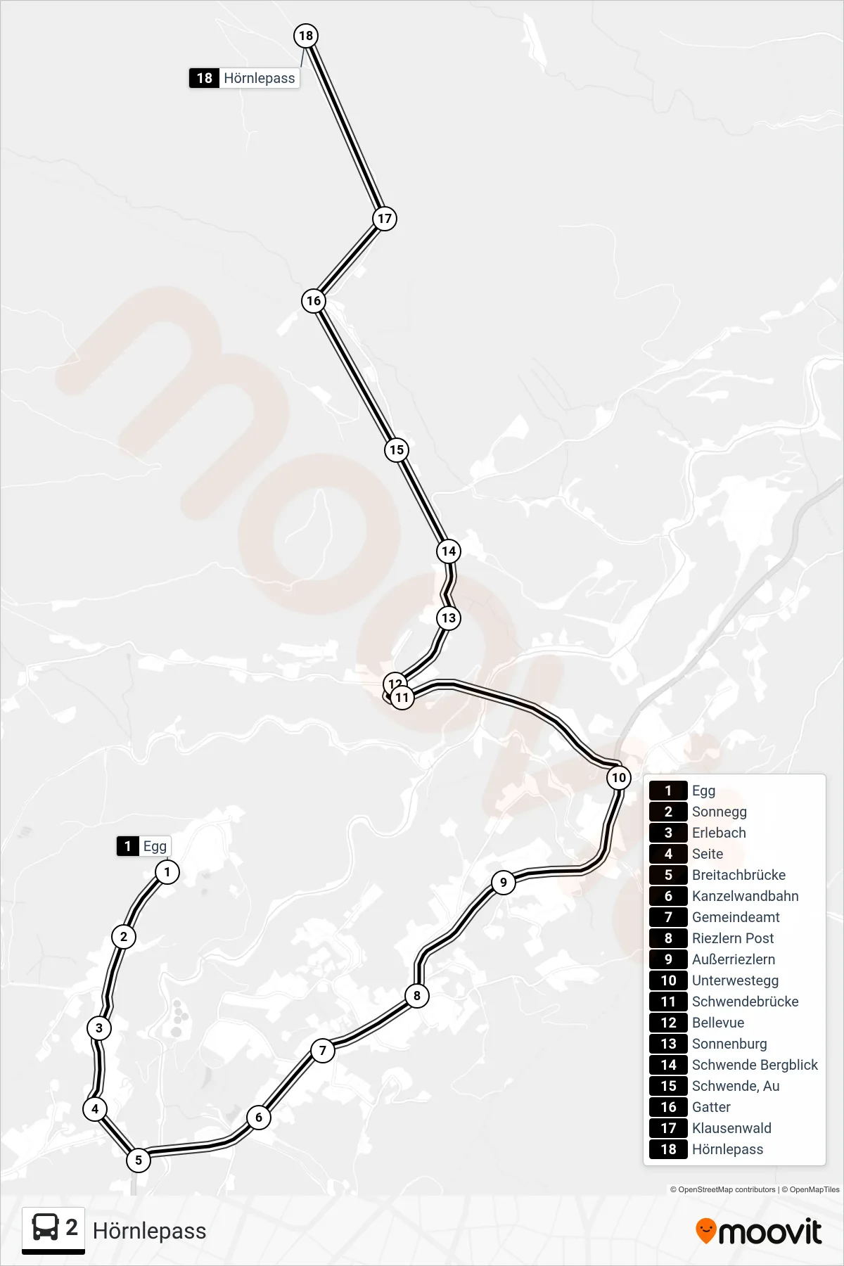 2 bus Line (Hörnlepass) route and stops on a map