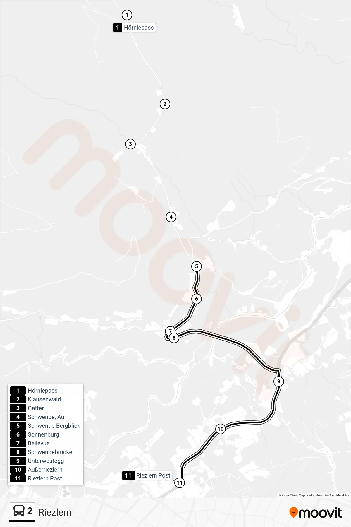 2 bus Line (Riezlern) route and stops on a map
