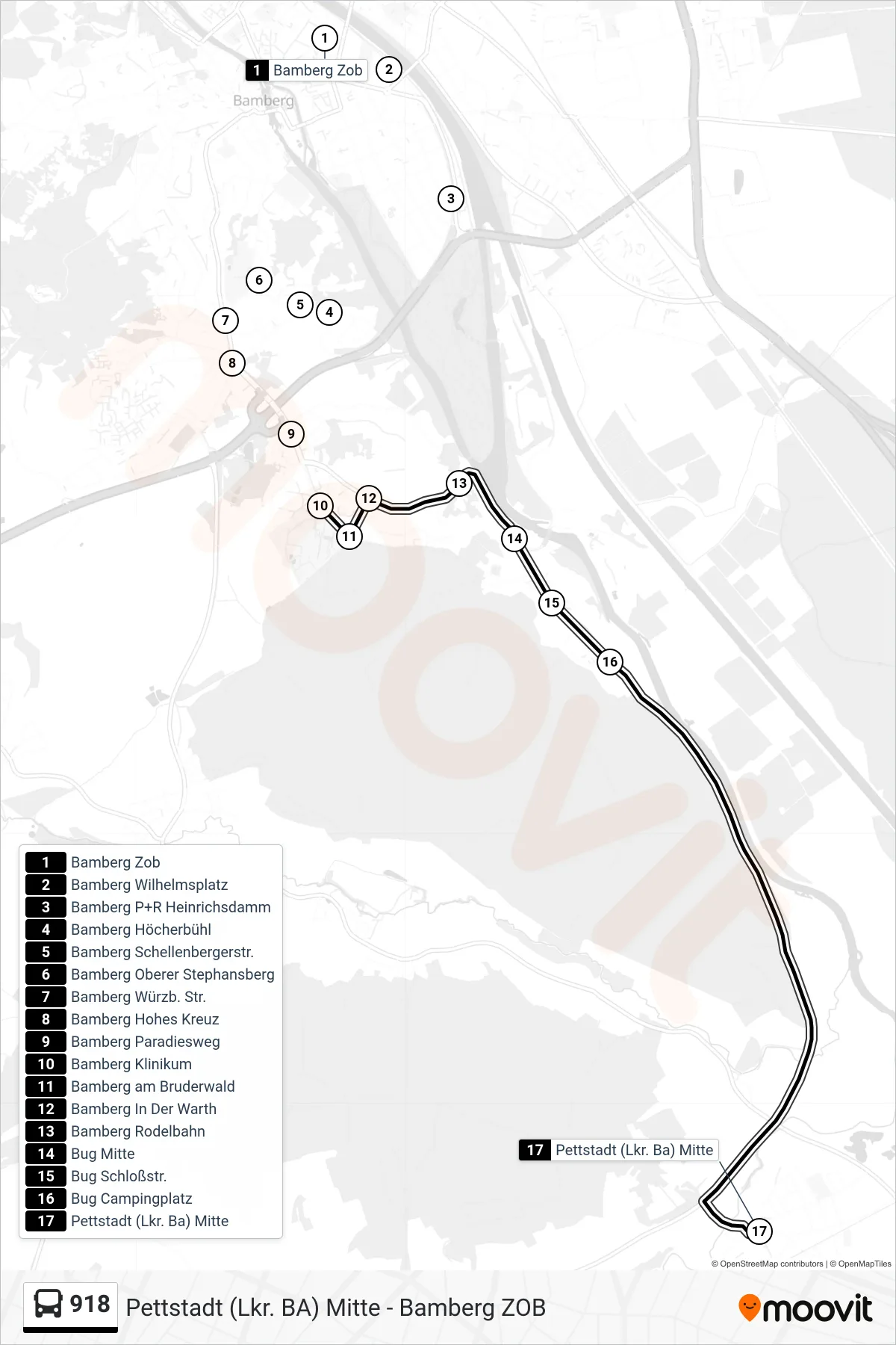 918 bus Line (Pettstadt (Lkr. Ba) Mitte) route and stops on a map