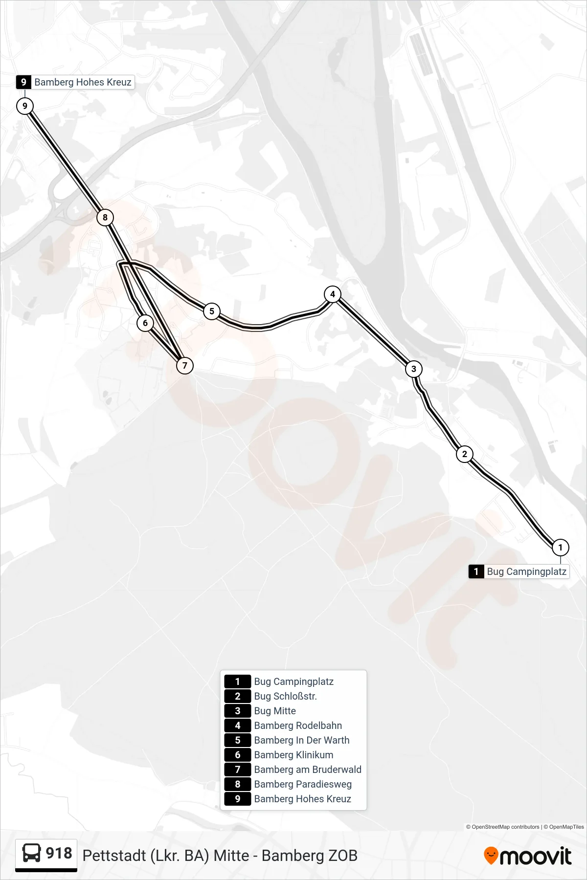 918 bus Line (Bamberg Hohes Kreuz) route and stops on a map