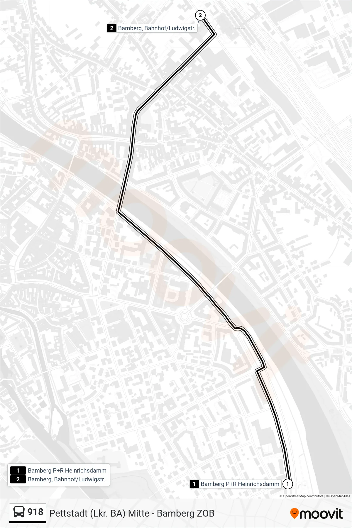 918 bus Line (Bahnhof) route and stops on a map
