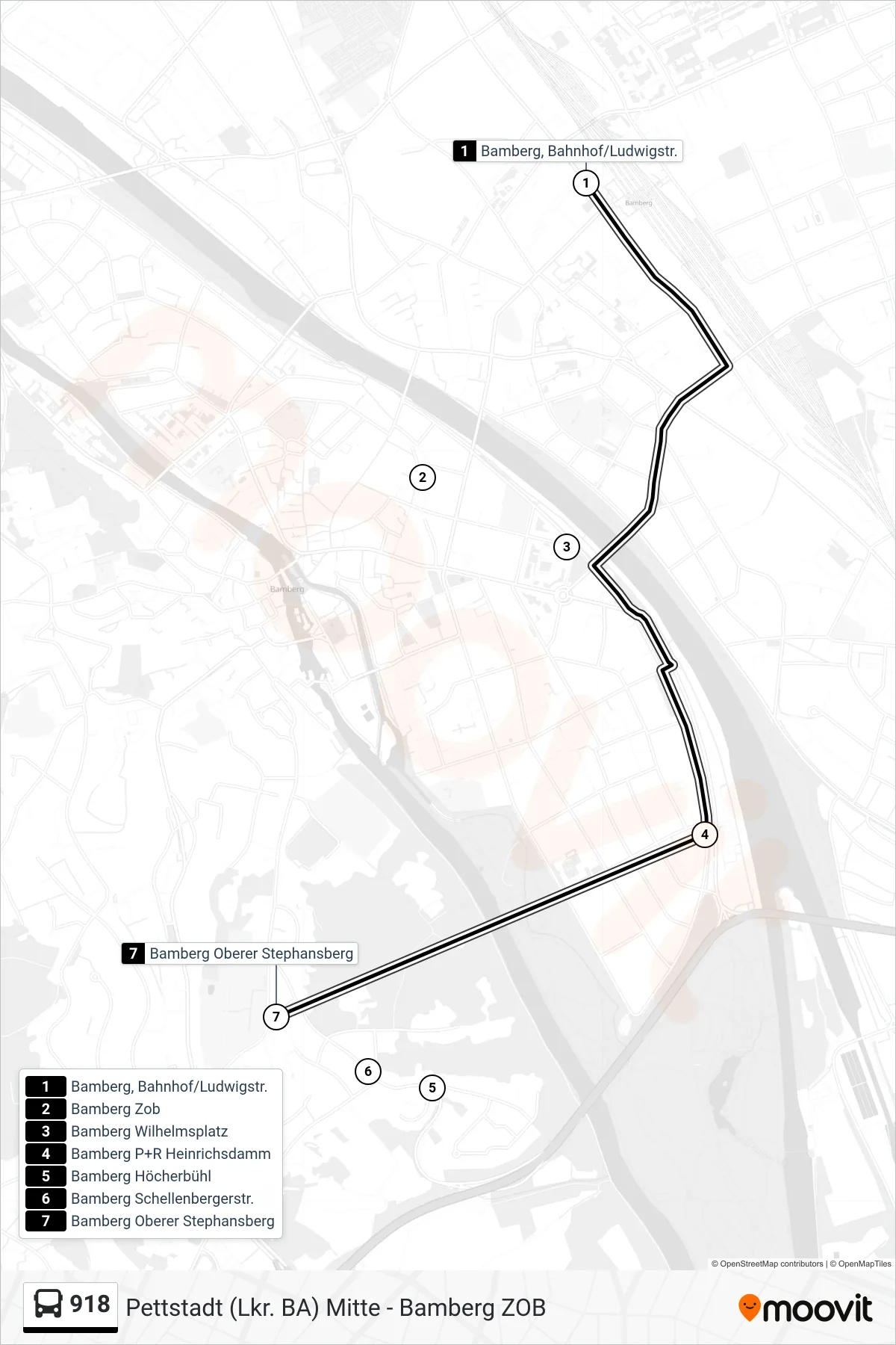 918 bus Line (Oberer Stephansberg) route and stops on a map