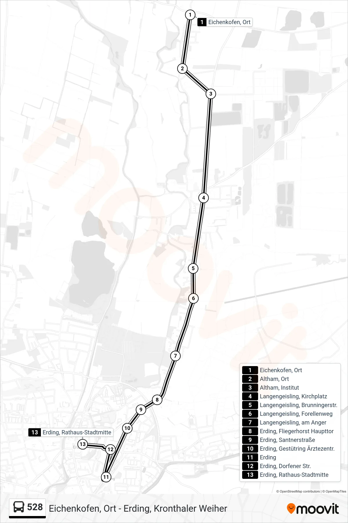 Linie 528 (Bus) Richtung Erding, Rathaus-Stadtmitte: Route und Haltestellen auf der Karte
