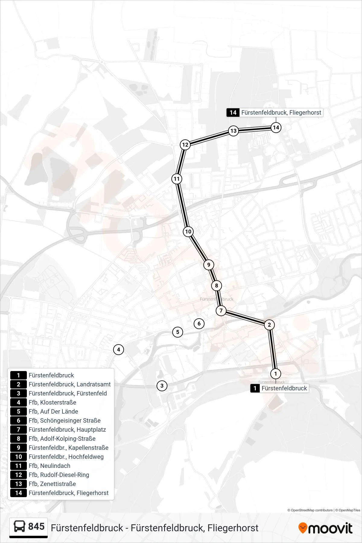 Linie 845 (Bus) Richtung Fürstenfeldbruck, Fliegerhorst: Route und Haltestellen auf der Karte