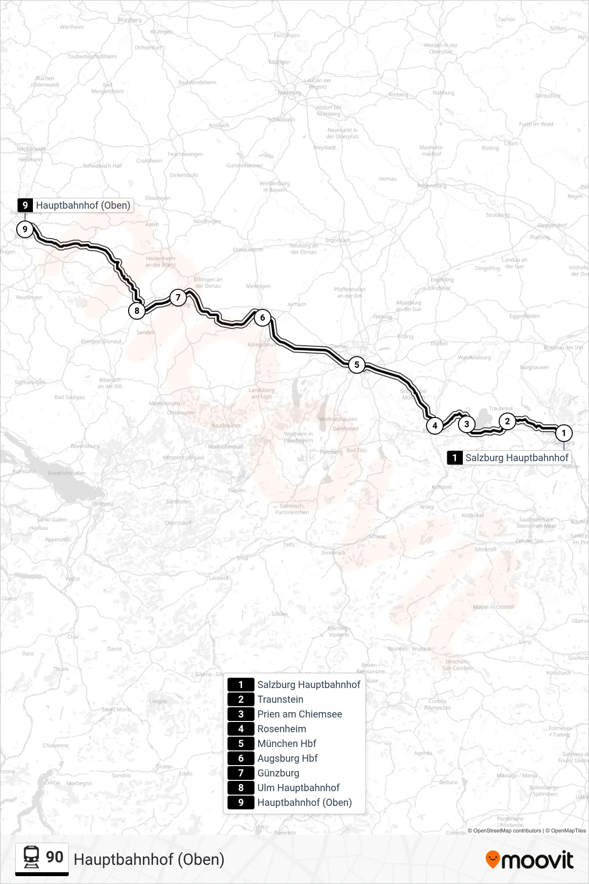 90 train Line (Hauptbahnhof (Oben)) route and stops on a map