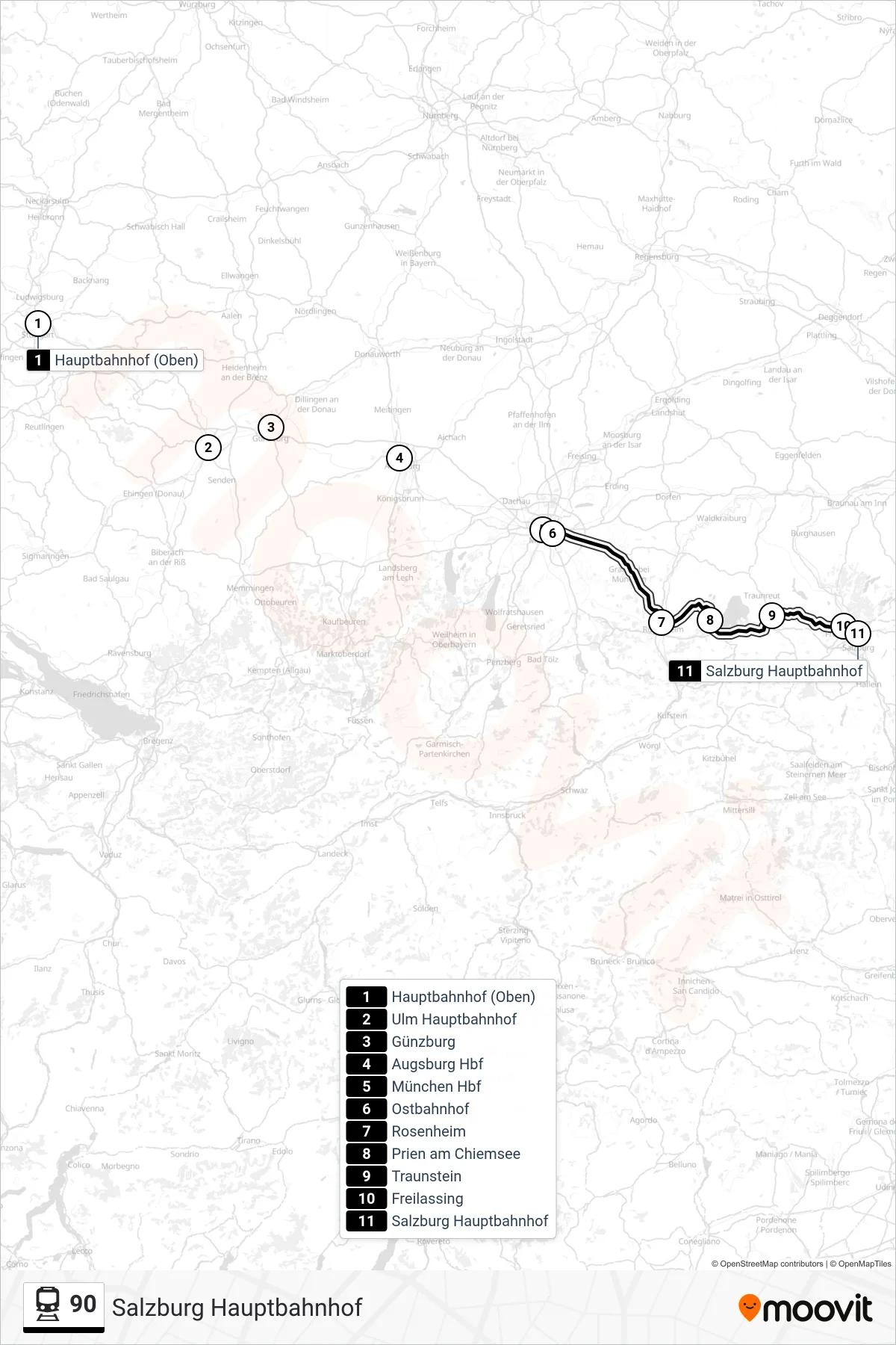 Linie 90 (Bahn) Richtung Salzburg Hauptbahnhof: Route und Haltestellen auf der Karte