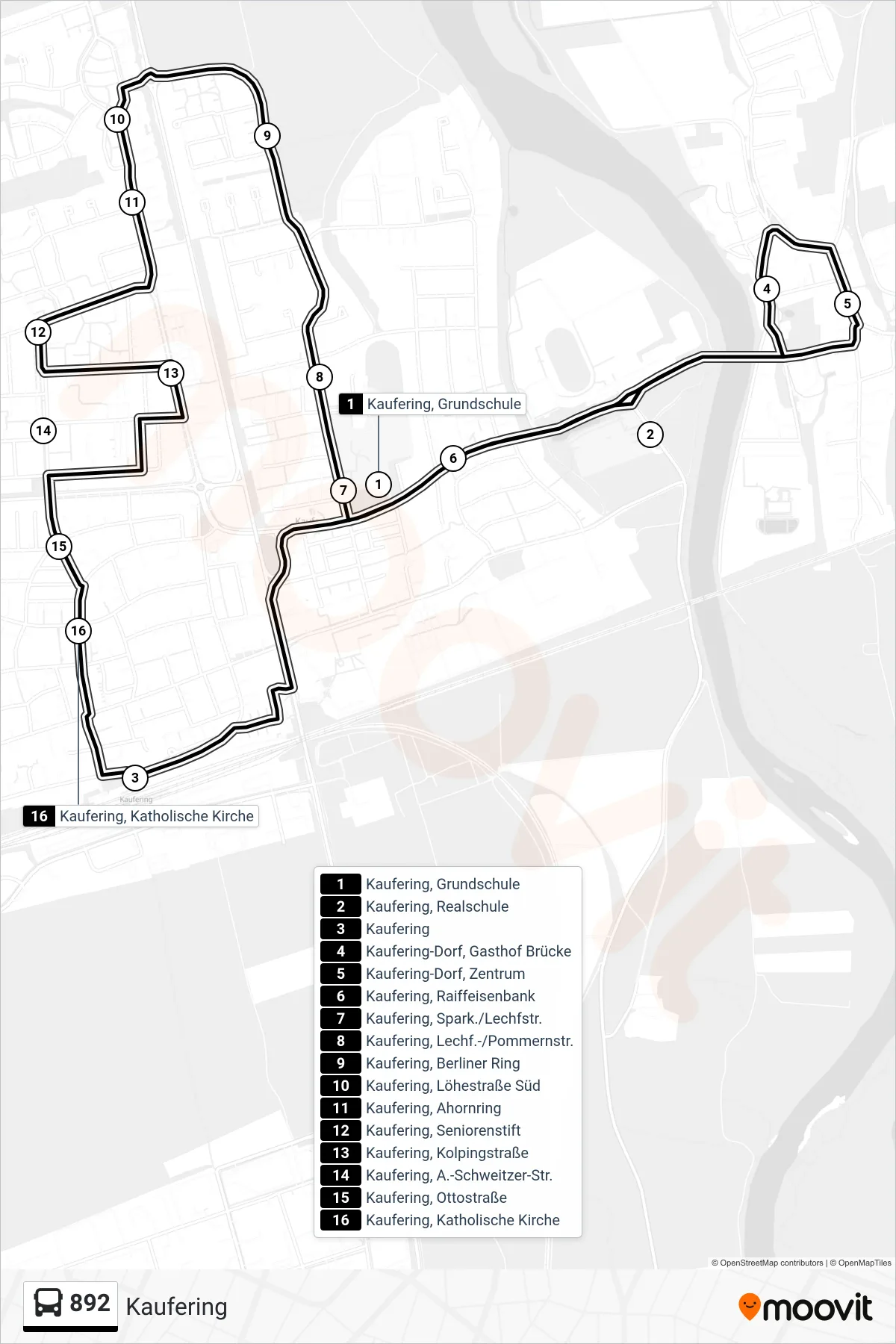 892 bus Line (Kaufering) route and stops on a map