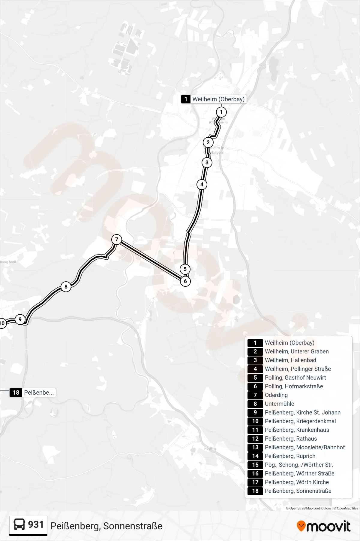 931 bus Line (Peißenberg, Sonnenstraße) route and stops on a map