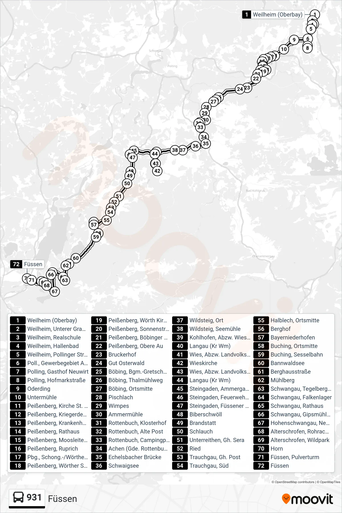 Linie 931 (Bus) Richtung Füssen: Route und Haltestellen auf der Karte
