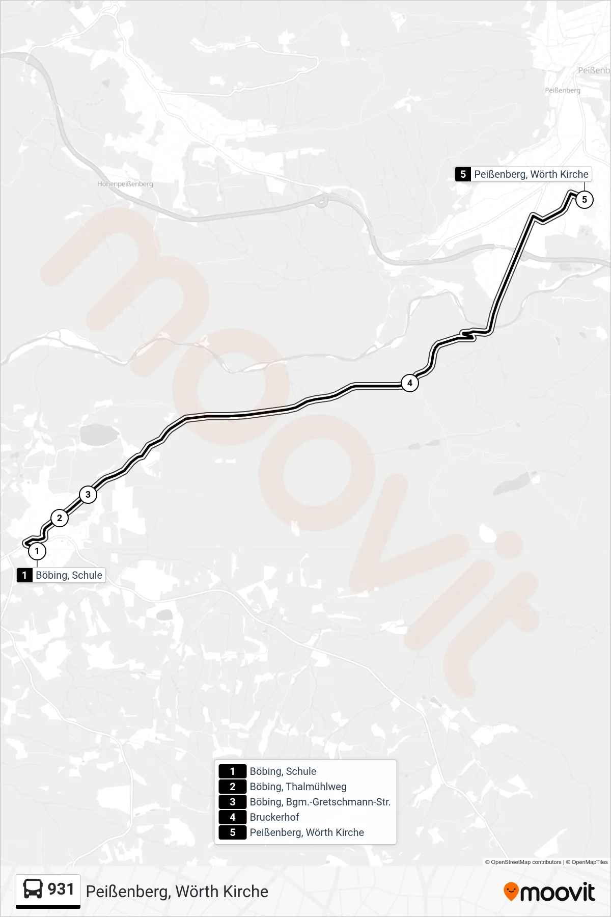 931 bus Line (Peißenberg, Wörth Kirche) route and stops on a map