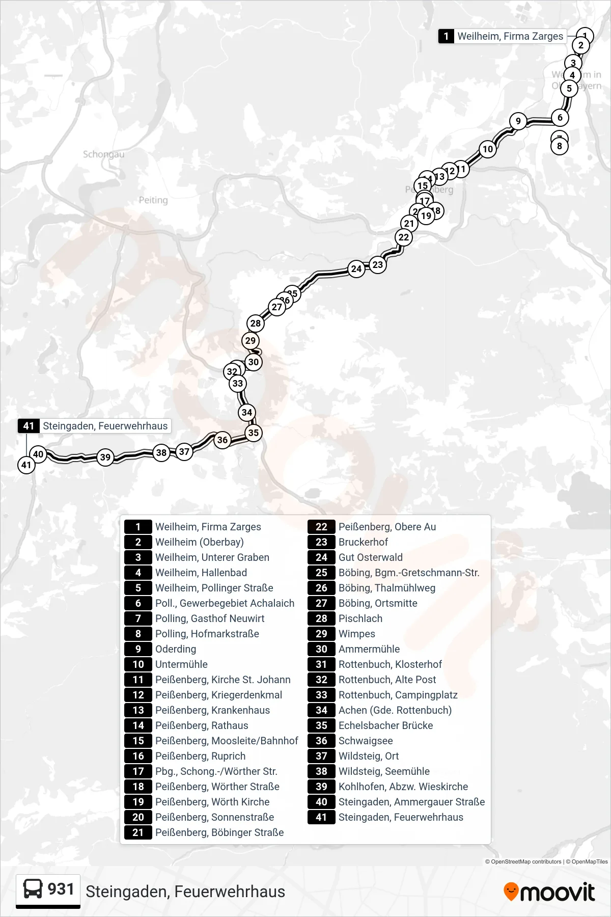 931 bus Line (Steingaden, Feuerwehrhaus) route and stops on a map