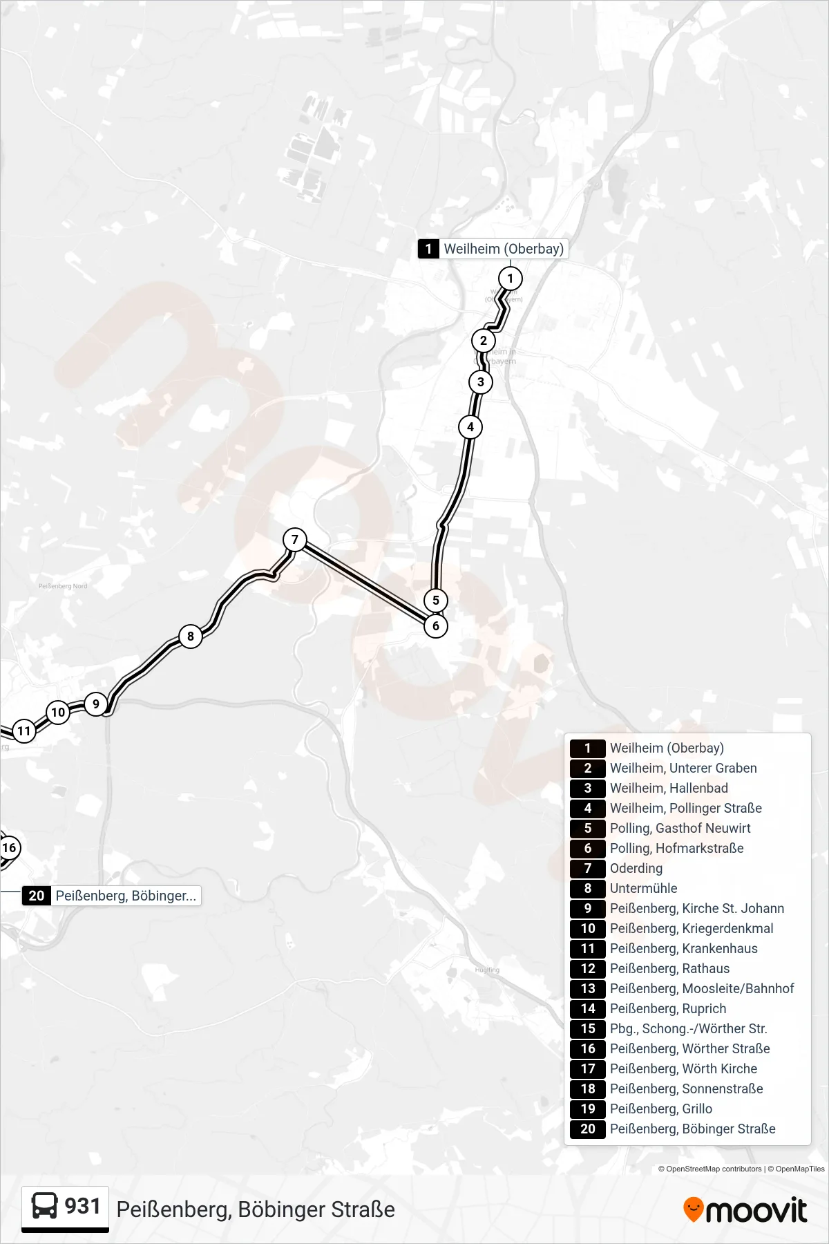 931 bus Line (Peißenberg, Böbinger Straße) route and stops on a map