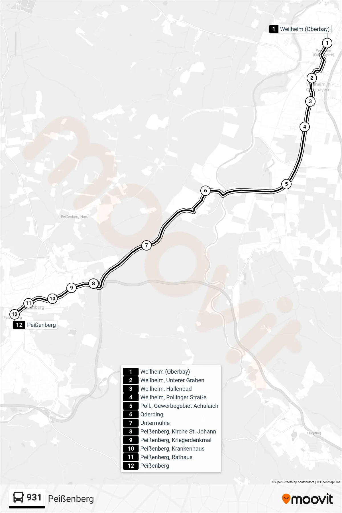 931 bus Line (Peißenberg) route and stops on a map