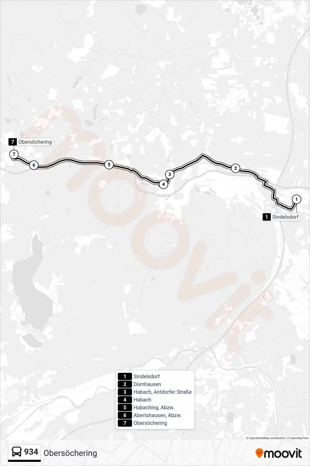 Linie 934 (Bus) Richtung Obersöchering: Route und Haltestellen auf der Karte