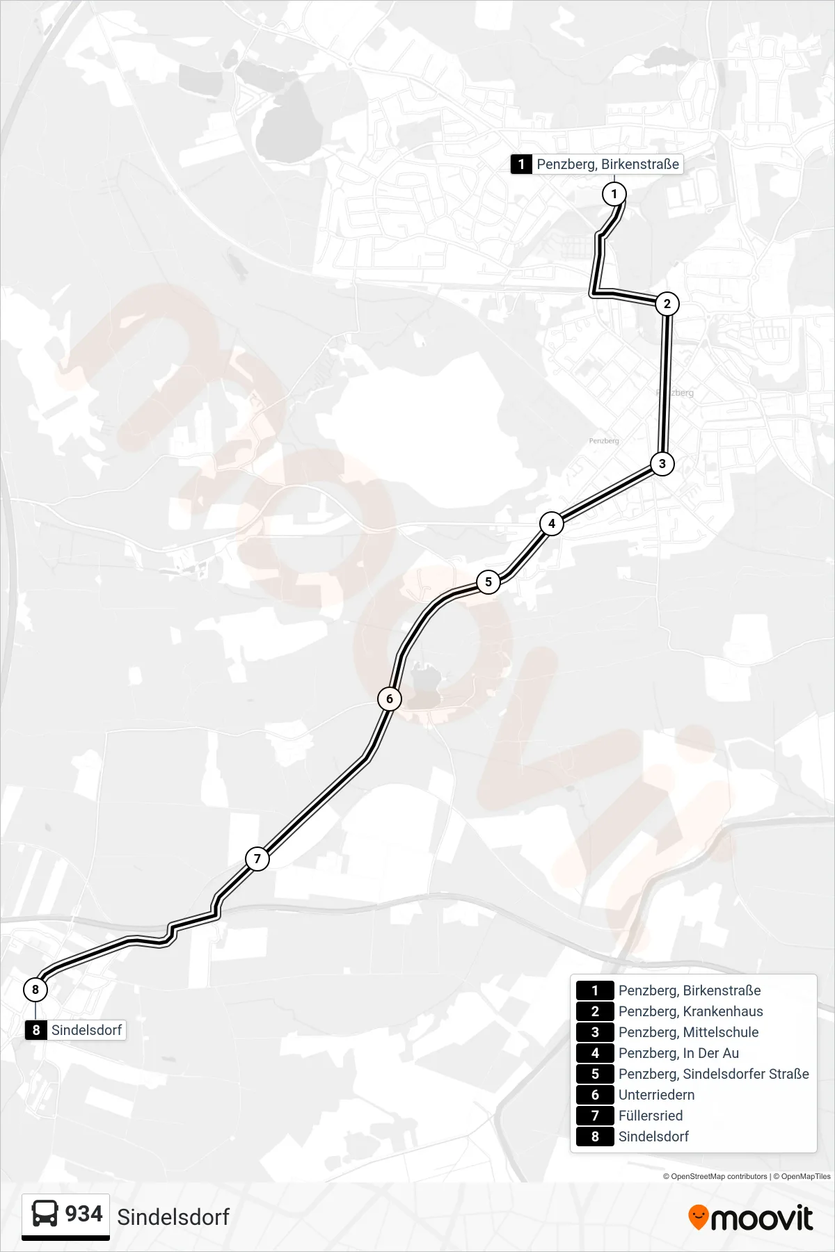 934 bus Line (Sindelsdorf) route and stops on a map