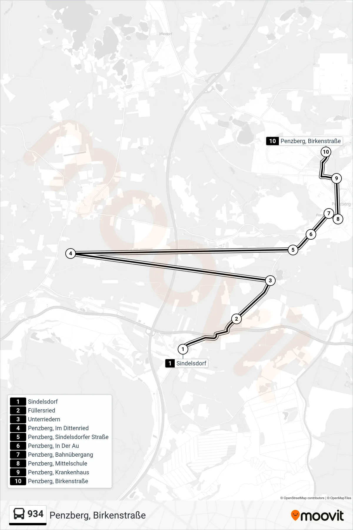 934 bus Line (Penzberg, Birkenstraße) route and stops on a map