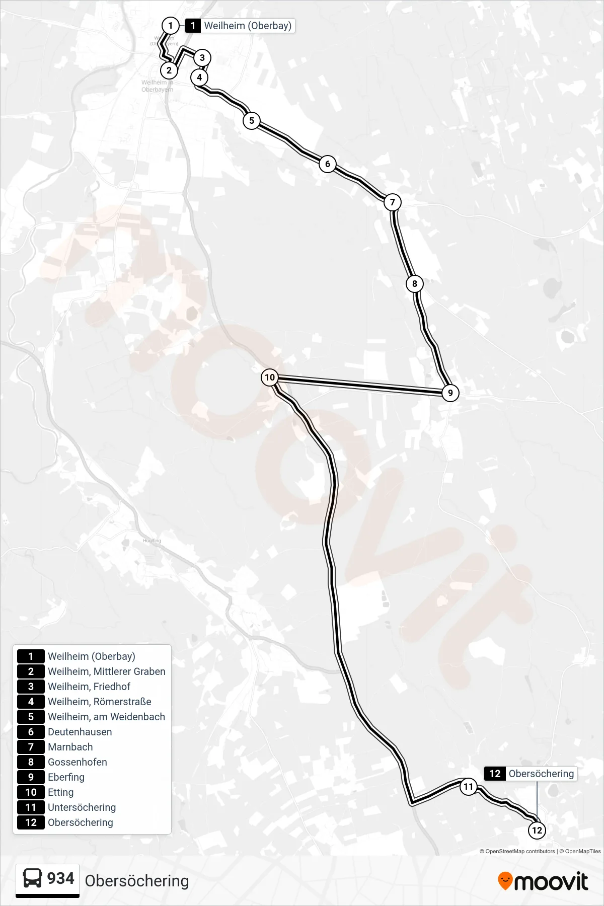 934 bus Line (Obersöchering) route and stops on a map