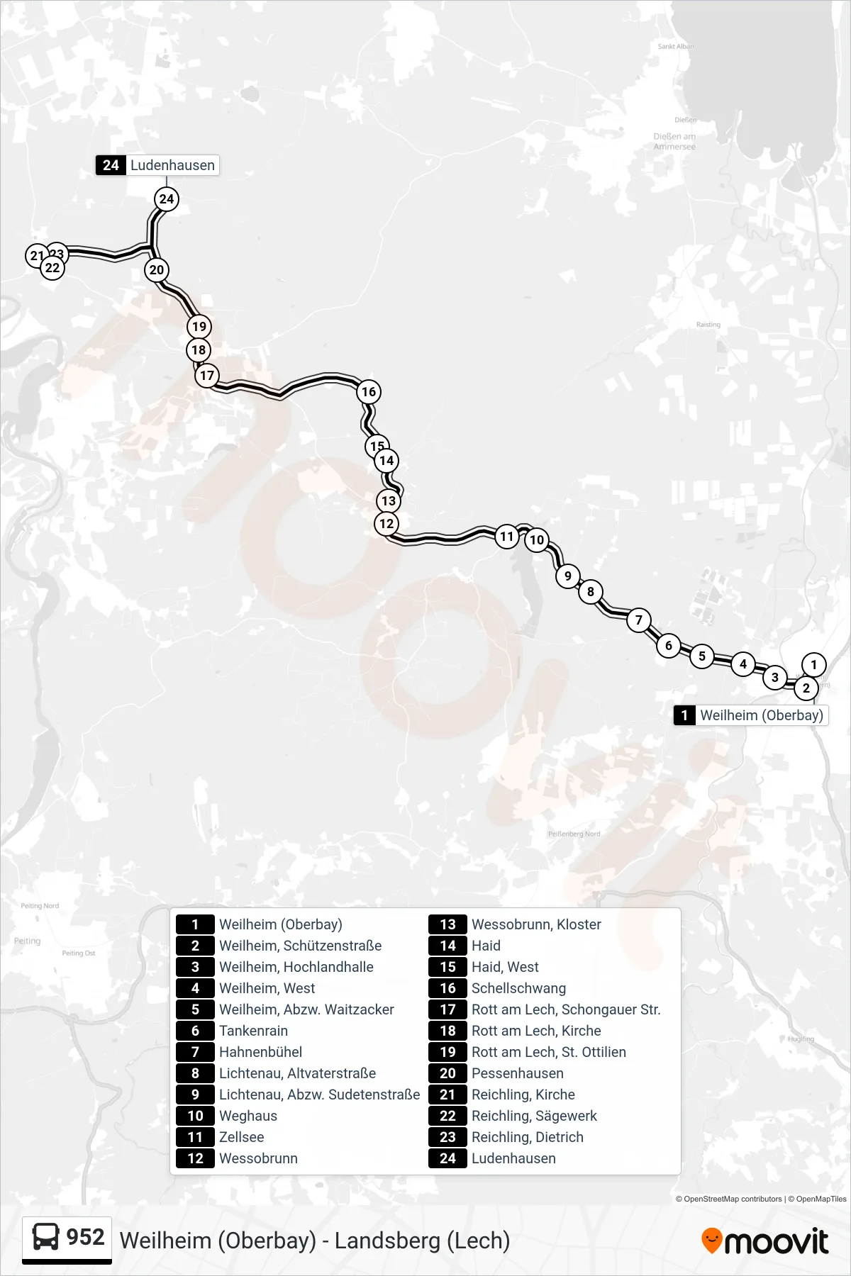 Linie 952 (Bus) Richtung Ludenhausen: Route und Haltestellen auf der Karte