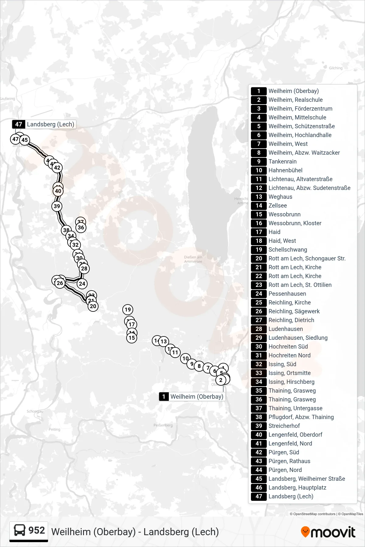 952 bus Line (Landsberg (Lech)) route and stops on a map