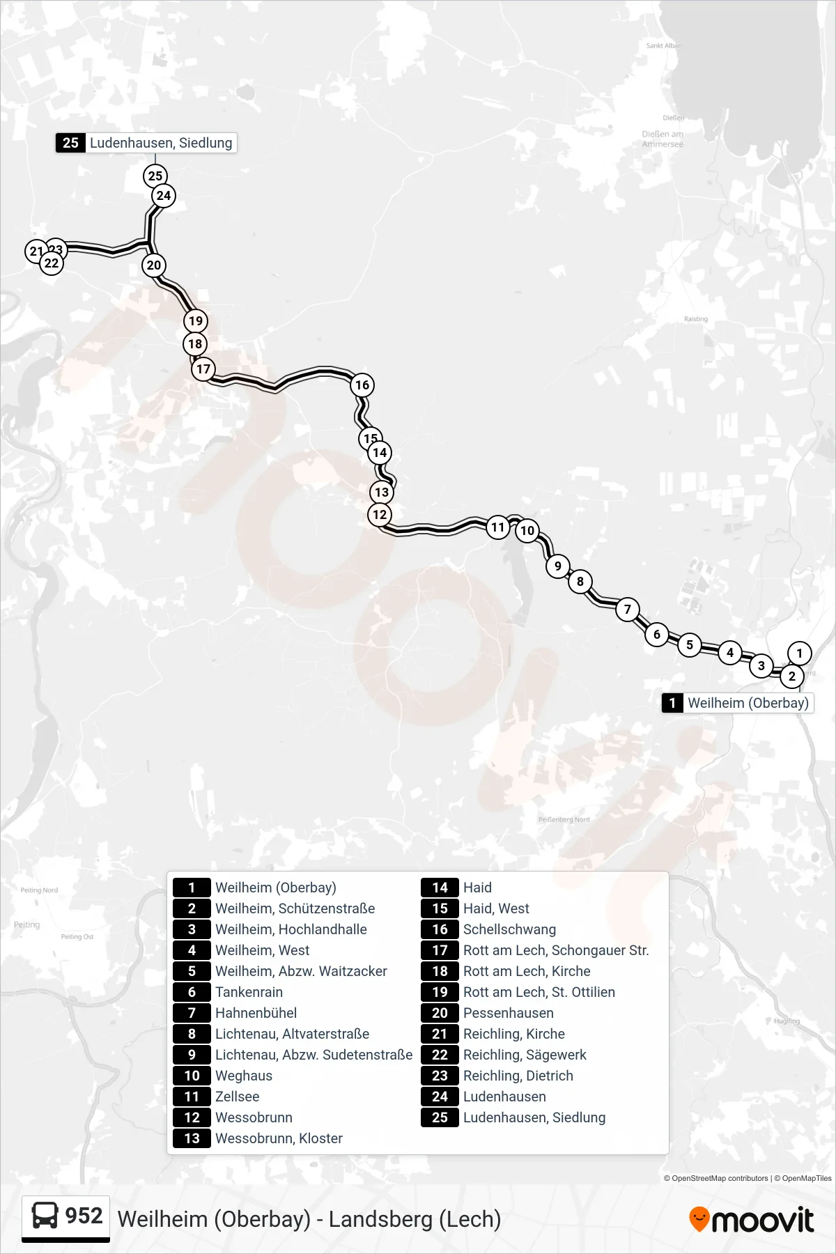 Linie 952 (Bus) Richtung Ludenhausen, Siedlung: Route und Haltestellen auf der Karte