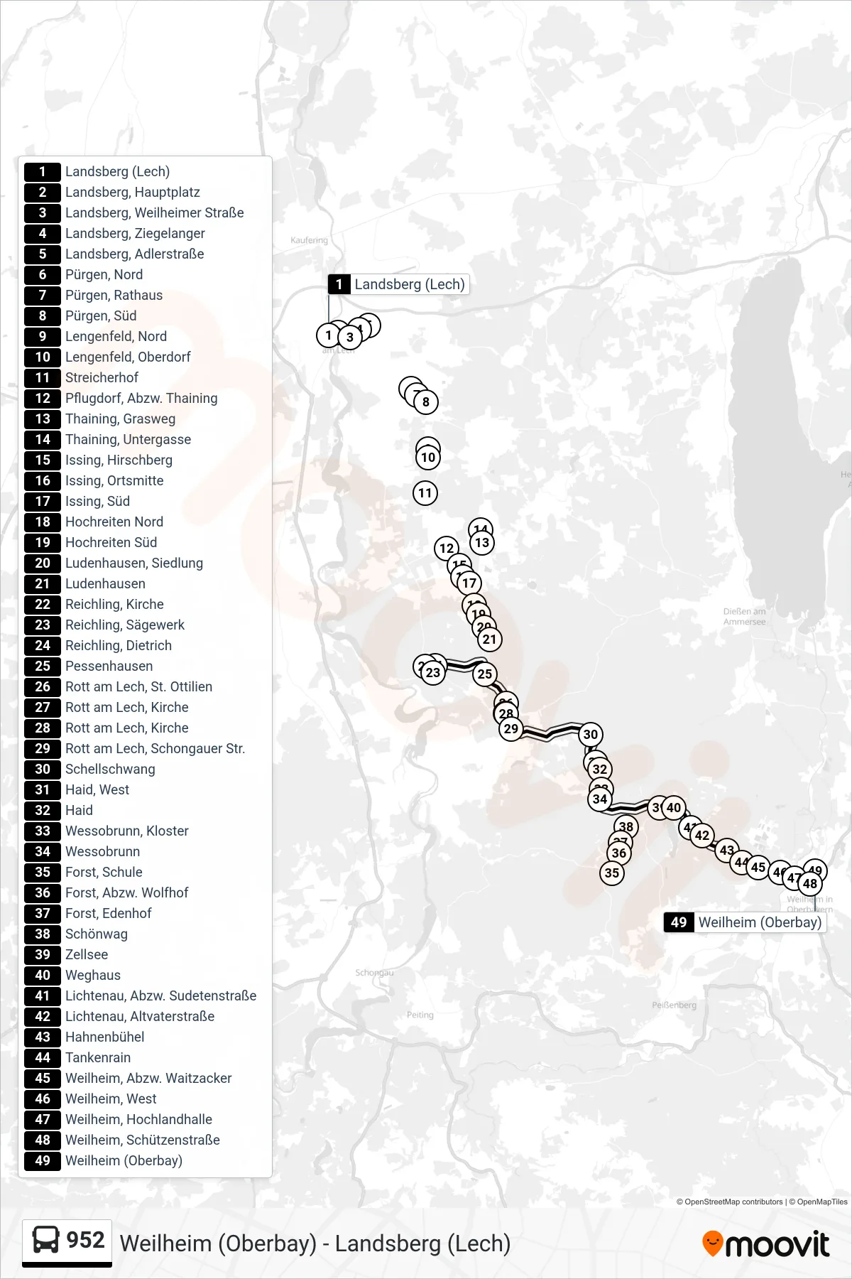952 bus Line (Weilheim (Oberbay)) route and stops on a map