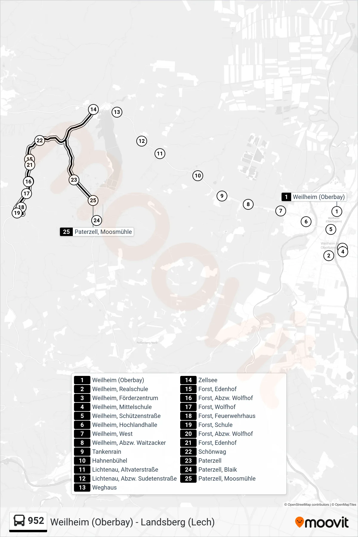952 bus Line (Paterzell, Moosmühle) route and stops on a map