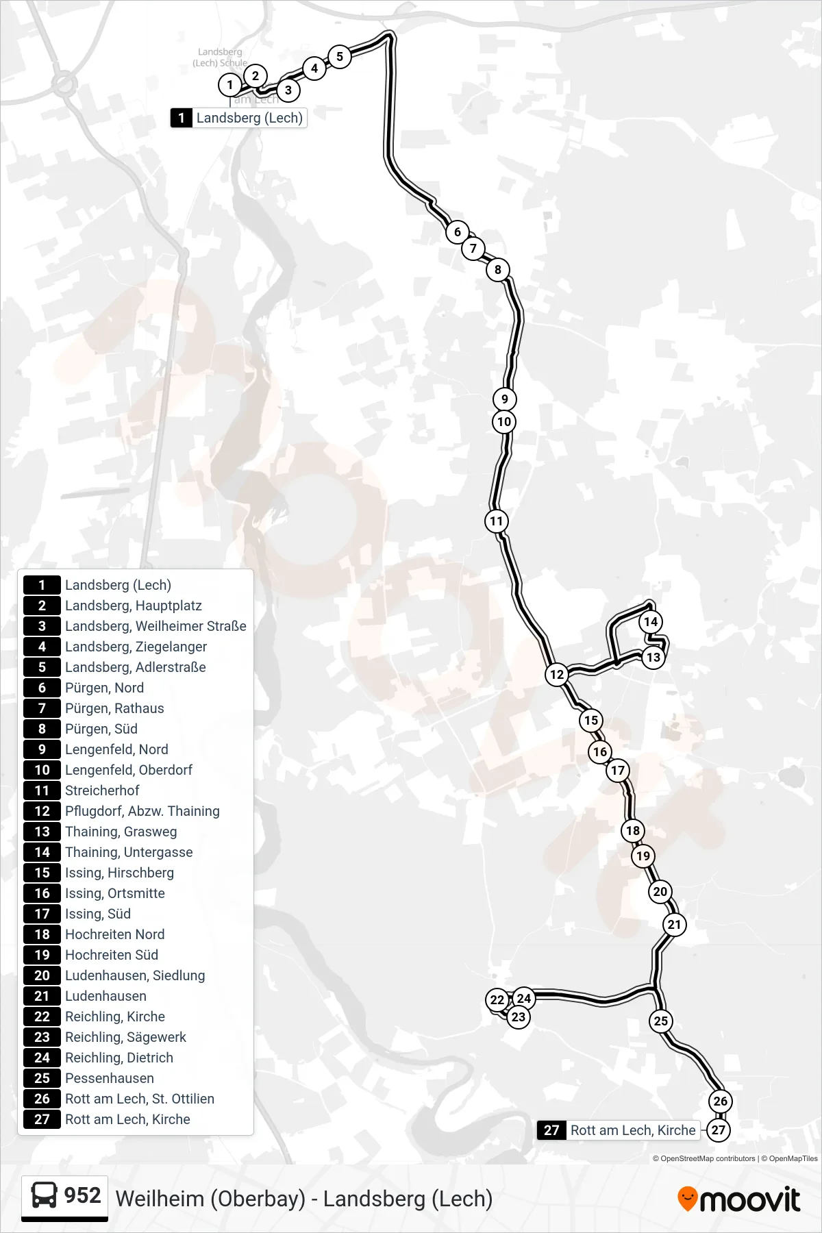 952 bus Line (Rott am Lech, Kirche) route and stops on a map